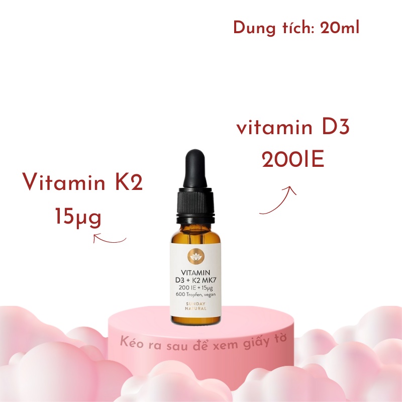 Vitamin D3 K2 Mk7 Sunday Natural Đức, vitamin cho bé 20ml [Date 2/2025]