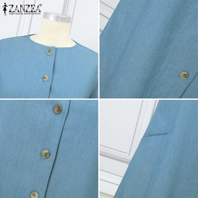 Zanzea Đầm Ngắn Tay Cổ Tròn Form Rộng Phong Cách Cổ Điển Dành Cho Nữ