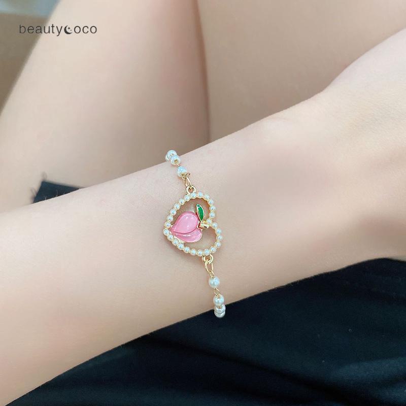 Beautycoco🍊Vòng đeo tay Ngọc Trai Hình Trái Tim Phong Cách Mới 2023,Vòng Tay Hình quả đào Đính Ngọc Trai