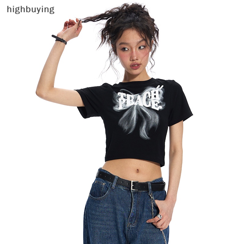 Áo Thun Lửng Ngắn Tay Cổ Tròn In Họa Tiết Phong Cách Retro Cho Nữ