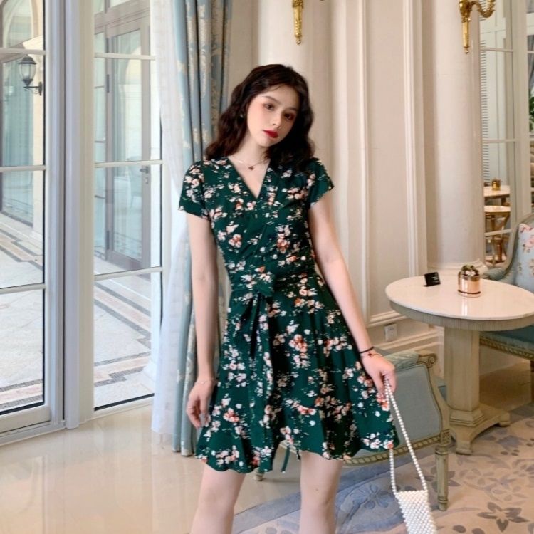 Đầm Voan Hoa Cổ Chữ v Cột Dây Nhấn Eo Màu Xanh Lá Cổ Điển Thời Trang Mùa Hè Kiểu Pháp Cho Nữ Có Size Lớn 100kg