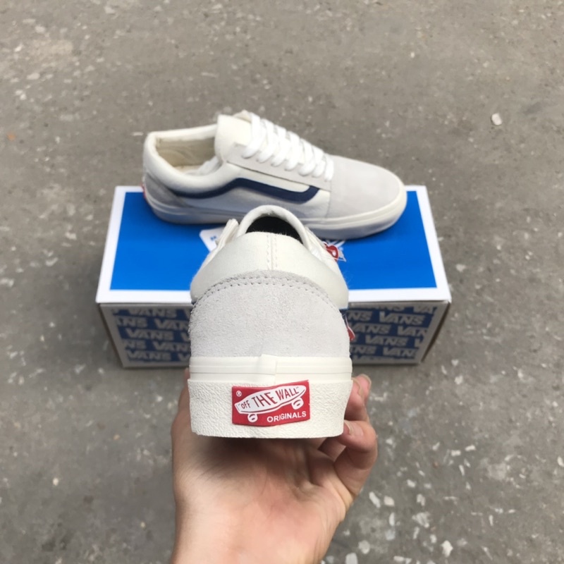 Giày thể thao Vans old skool trắng xanh navy, Giày Vans trắng xám sọc đen nam nữ cao cấp full box