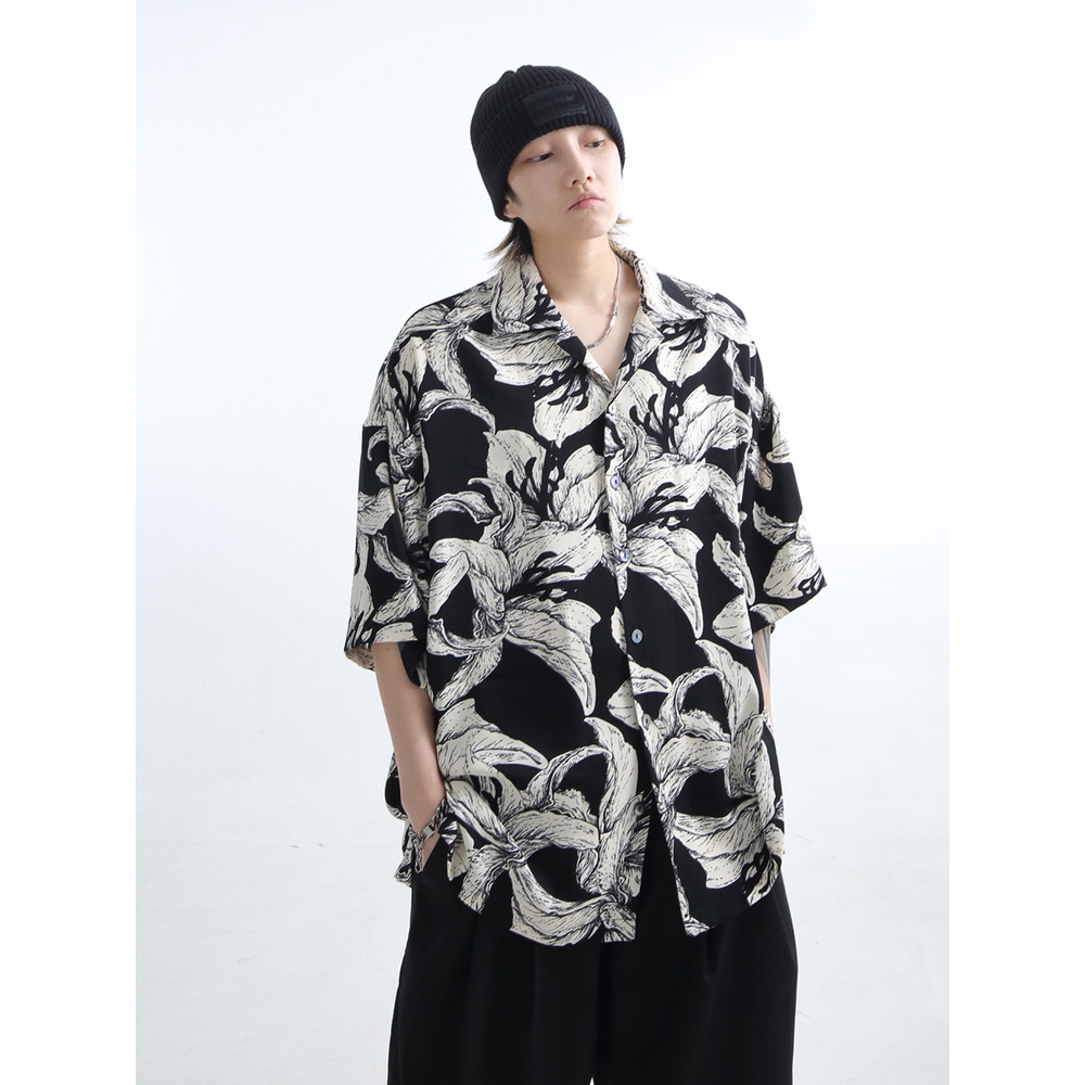 {GRNL} Áo Sơ Mi Tay Ngắn Dáng Rộng Năm Tấc Họa Tiết Vẽ Tay Tự Nhiên Thoáng Khí Retro Cho Nam Và Nữ