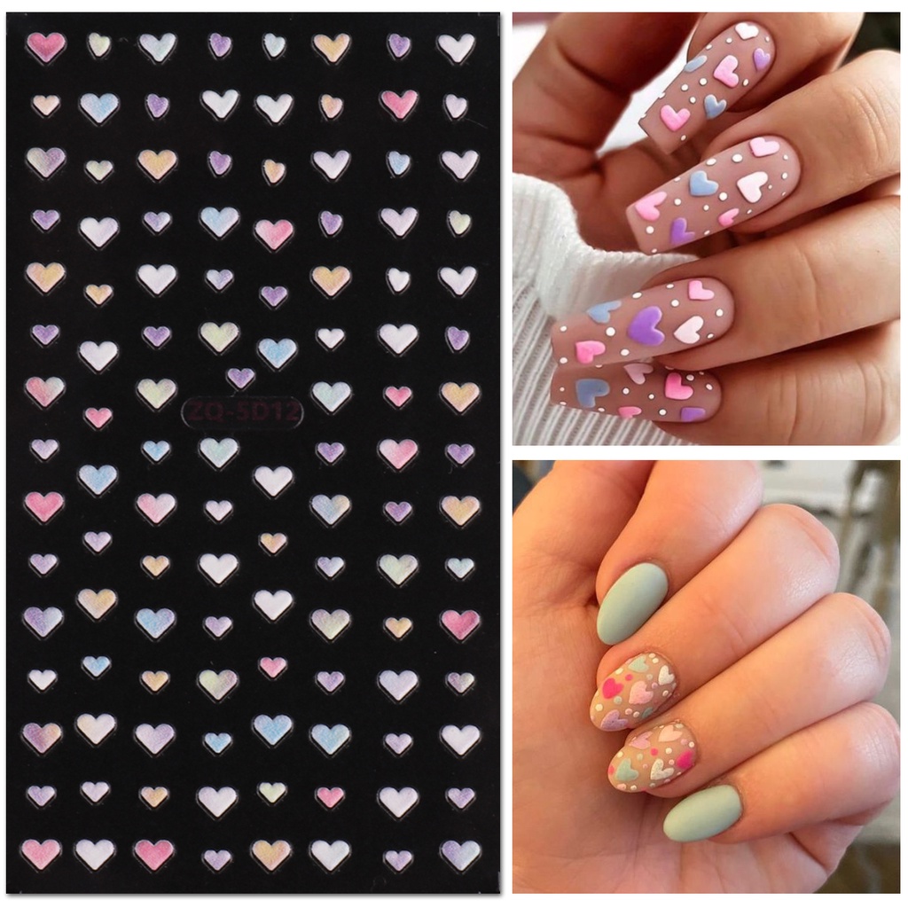 Miếng Dán Móng Tay Dập Nổi Họa Tiết Hoa Năm Cánh Trái Tim Màu Sắc Mùa Hè Pháp