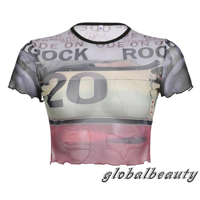 Áo Croptop Tay Ngắn Cổ Tròn In Chữ Phối Lưới Thời Trang Mùa Hè Cho Nữ