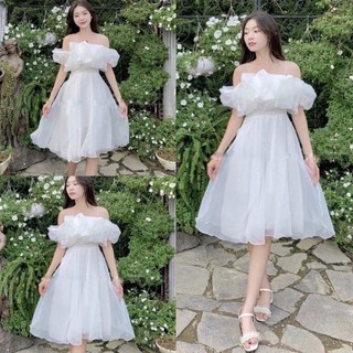 Váy trễ vai công chúa xếp bèo nhún chất voan tơ trắng, đầm babydoll nữ 2 dây dáng xoè dài đi chơi dự tiệc ulzzang EYE2T