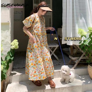 Sugemiusi Đầm Dáng Rộng Cổ Chữ v Tay Phồng In Họa Tiết Hoa Lãng Mạn Thời Trang Xuân Hè Kiểu Mới