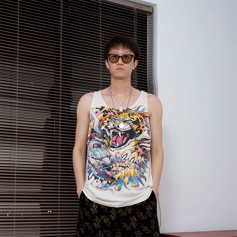 Áo không tay HANLU cotton dáng rộng thấm hút mồ hôi thoáng khí in họa tiết rồng và hổ họa thời trang cho nam