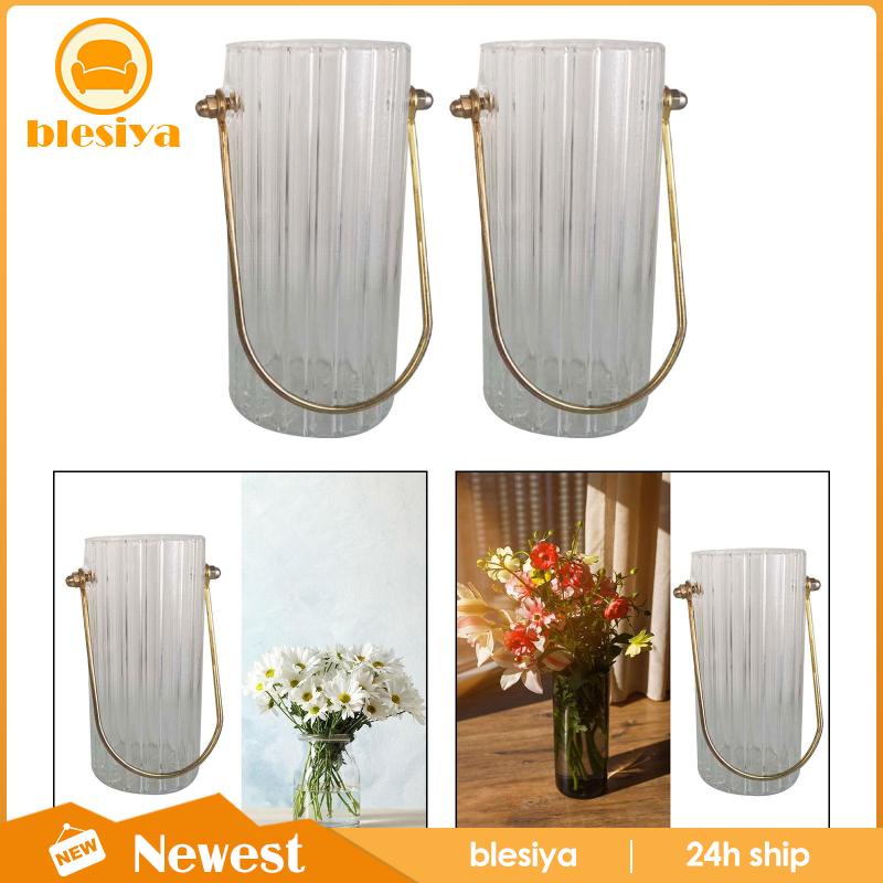 Bình Hoa Thủy Tinh Trong Suốt Hình Trụ Với Tay Cầm Kim Loại
