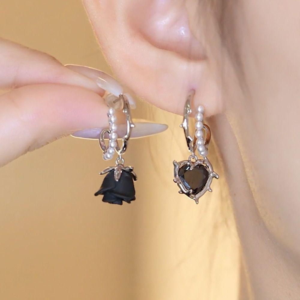 Khuyên Tai Thả Kim Loại Hình Hoa Hồng Đính Đá Tinh Xảo Cho Nữ