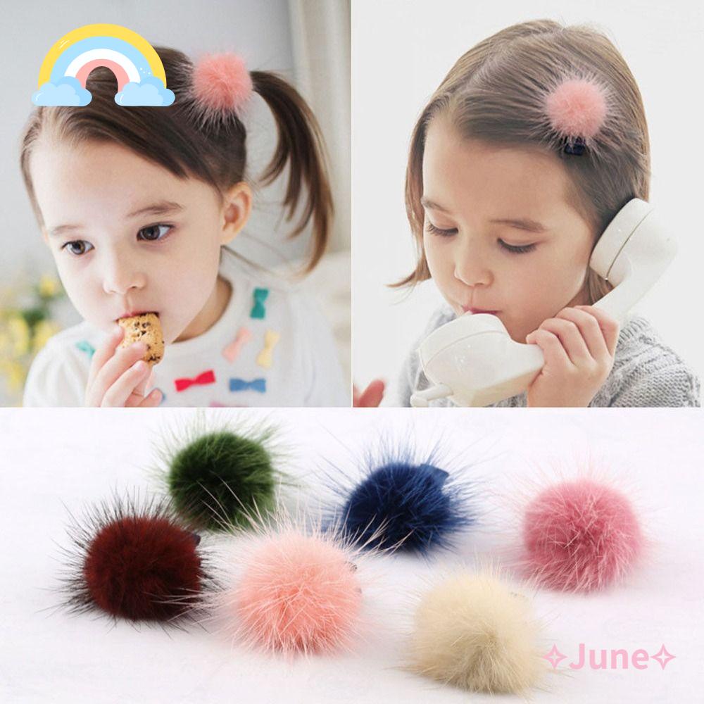 JUNE Kẹp Tóc Đính Bóng Lông Chồn Thời Trang Cho Bé Gái