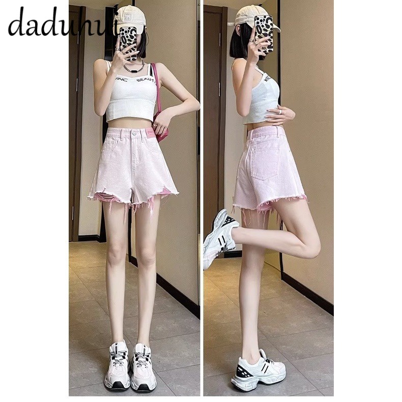 Daduhui New Korean Version of INS Raw Edge Pink Denim Shorts Female Niche High Waist Wide Leg Pants Hot Pants
