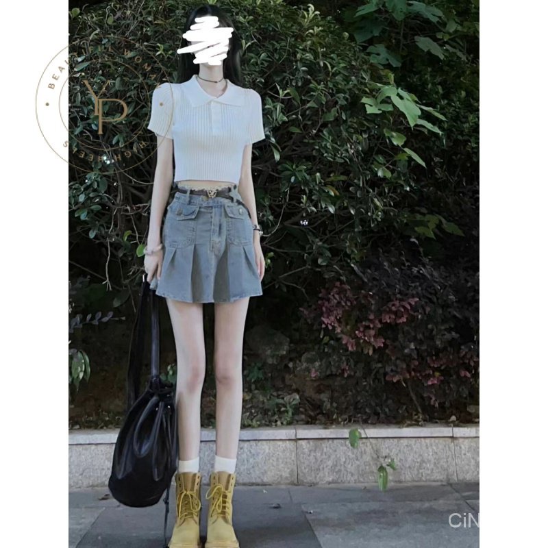 Set Áo Và Chân Váy Denim Phong Cách Hong Kong Ngọt Ngào Cho Nữ