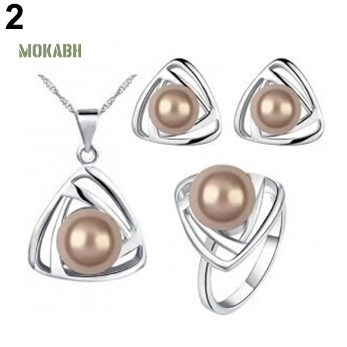 [Mok Abh] Bộ Vòng cổ + Nhẫn + Bông Tai Hình Tam Giác Có Đính Ngọc Trai Giả