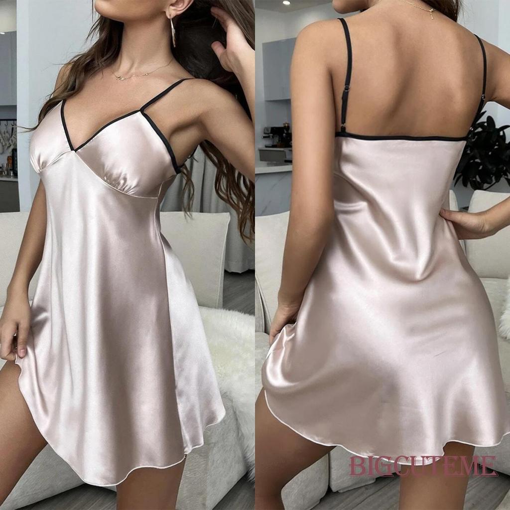 [] - Đầm Ngủ Không Tay Cổ Chữ V Hở Lưng Màu Sắc Tương Phản Mùa Hè Cho Nữ