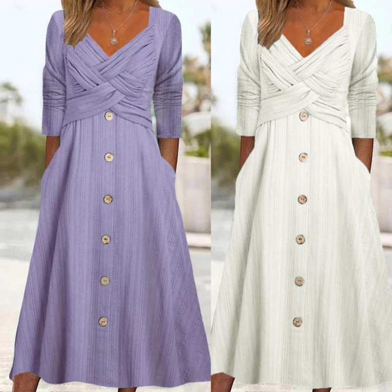 Đầm Midi Tay Dài Cổ Chữ V Chéo Cài Nút Thời Trang Dành Cho Nữ