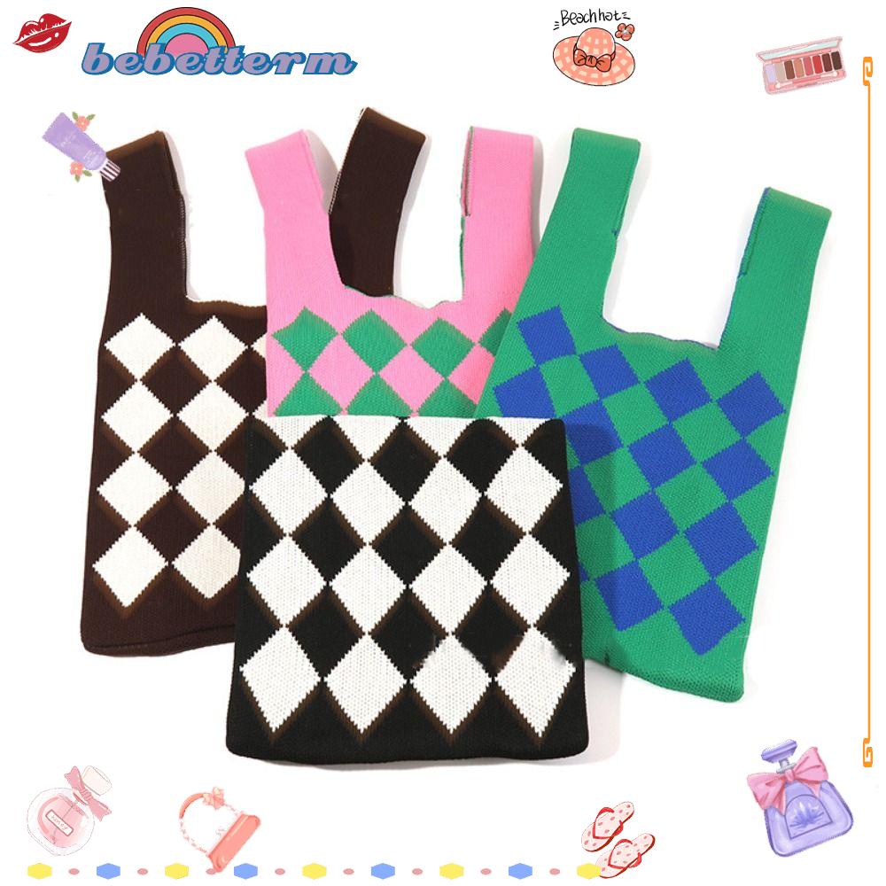 BEBETTERM Túi Xách Đan Len Mini Họa Tiết Ca Rô Thời Trang Cho Nữ
