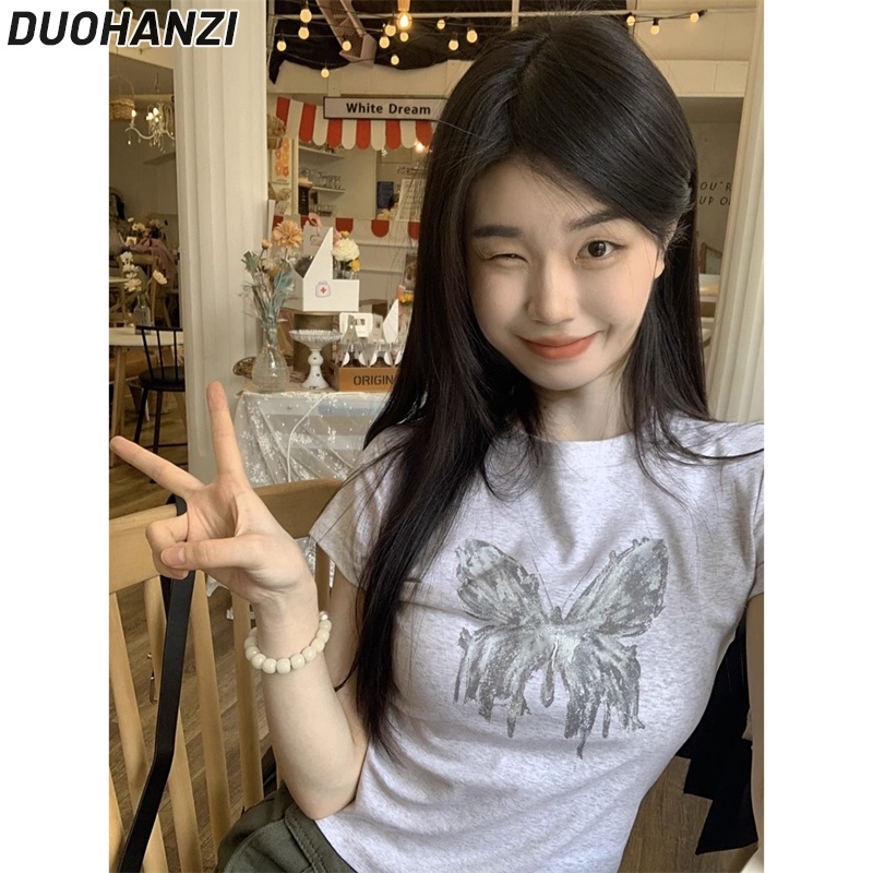 Áo thun DUOHANZI tay ngắn in hình bướm phong cách retro dành cho nữ