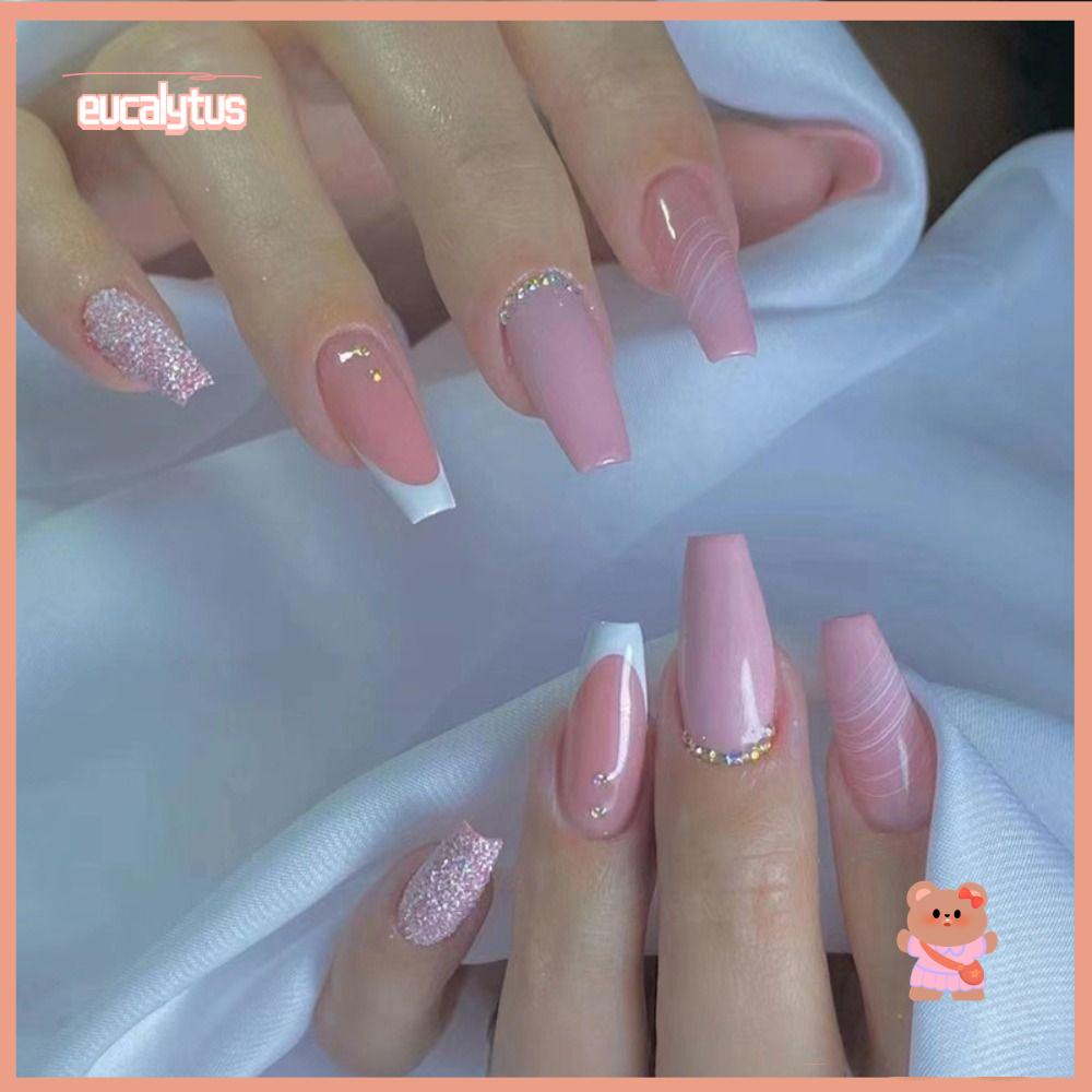 EUTUS Set 24 Móng Tay Giả Đơn Giản Đính Hạt Pha Lê