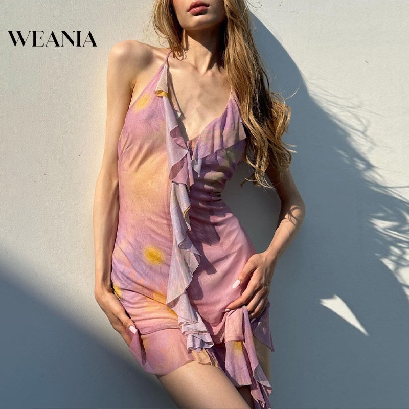 Đầm Mini Cổ Chữ V Hở Lưng Nhún Bèo Thời Trang Đi Biển Mùa Hè Cho Bạn Gái