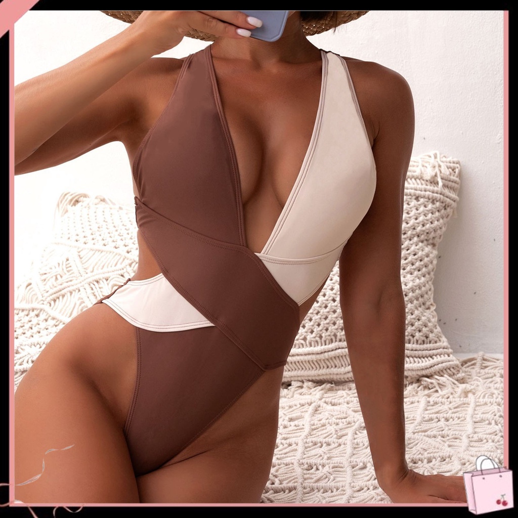 {Soltweter} Bộ Đồ Bơi Liền Thân Cổ Chữ V Xẻ Sâu Dây Chéo Màu Sắc Tương Phản Cho Nữ