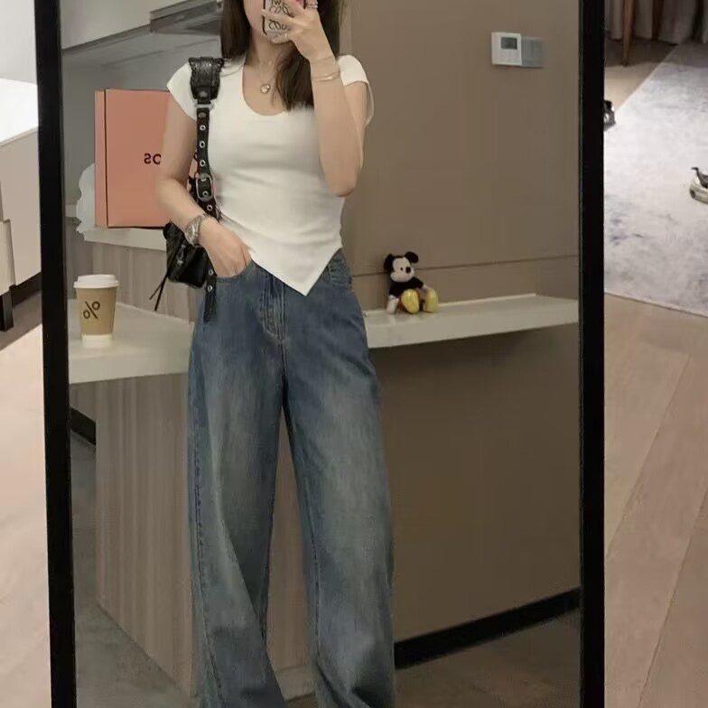 Áo Thun Cotton Tay Ngắn Cổ Chữ U Lệch Tà Thời Trang Mùa Hè Cho Nữ