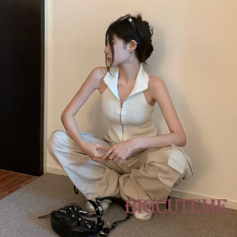 Áo Croptop Dệt Kim Màu Sắc Đơn Giản Không Tay Phối Khóa Kéo Thời Trang Mùa Hè Cho Nữ