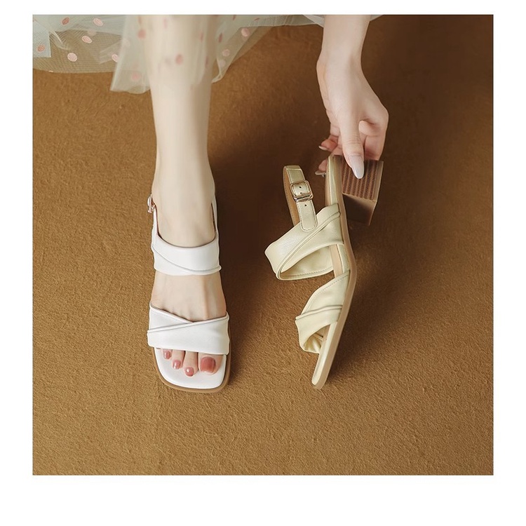 Duoya Tóc Thẳng ~ [Hàng Có Sẵn] Sandal Cao Gót Hở Ngón Mũi Vuông Bằng Da Thật Mềm Mại Thoải Mái Thời Trang Mùa Hè Đơn Giản Cho Nữ Miễn Phí Vậ