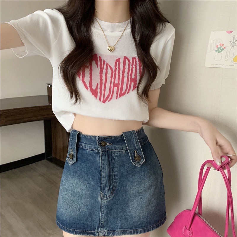 DIDIKA Áo Thun Croptop Dệt Kim Tay Ngắn In Chữ Thời Trang Mùa Hè Xinh Xắn Cho Nữ