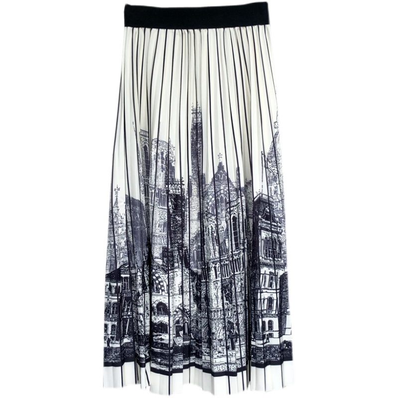 Chân Váy Chữ a Xếp Ly Kẻ Sọc In Hình Lâu Đài Thời Trang