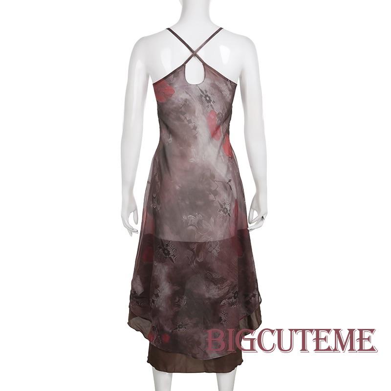 Đầm Dài Không Tay Hở Lưng Cổ Chữ V Họa Tiết Hoa Vintage Cho Nữ