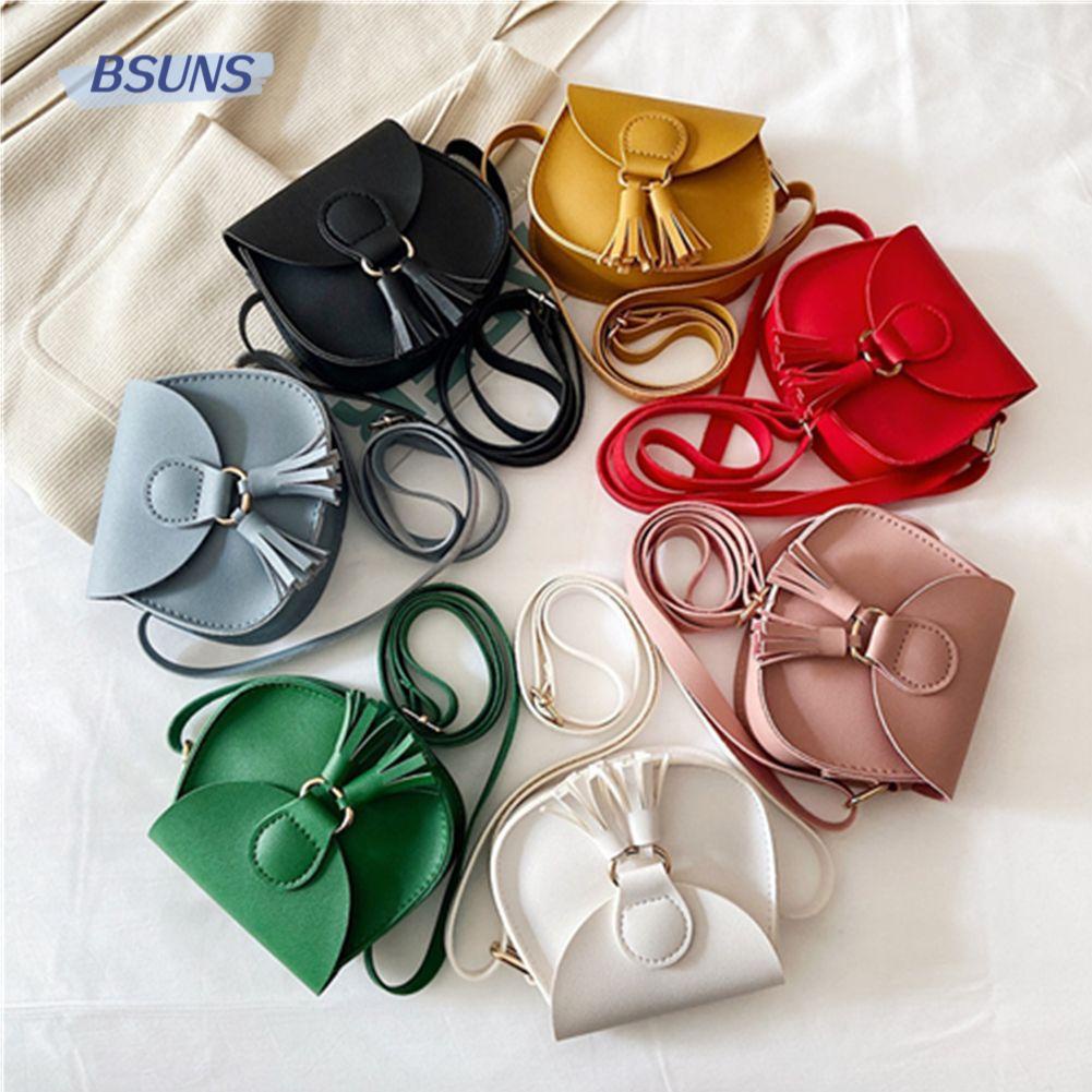 BSUNS Túi Xách Da PU Mini Màu Trơn Đính Tua Rua Thời Trang Cho Nữ