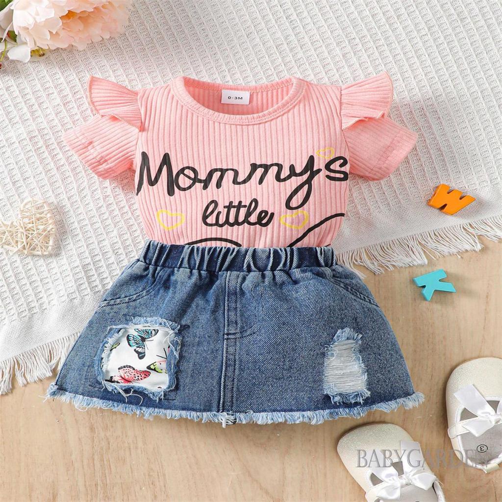 Set Áo Liền Quần + Chân váy jean In Chữ Dễ Thương Cho Bé Gái 0-18 Tuổi