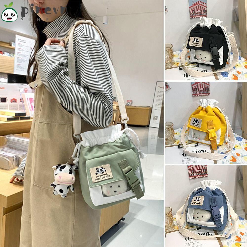 PINEVN Túi Đeo Vai Vải Canvas Phối Dây Rút Cá Tính Cho Nữ