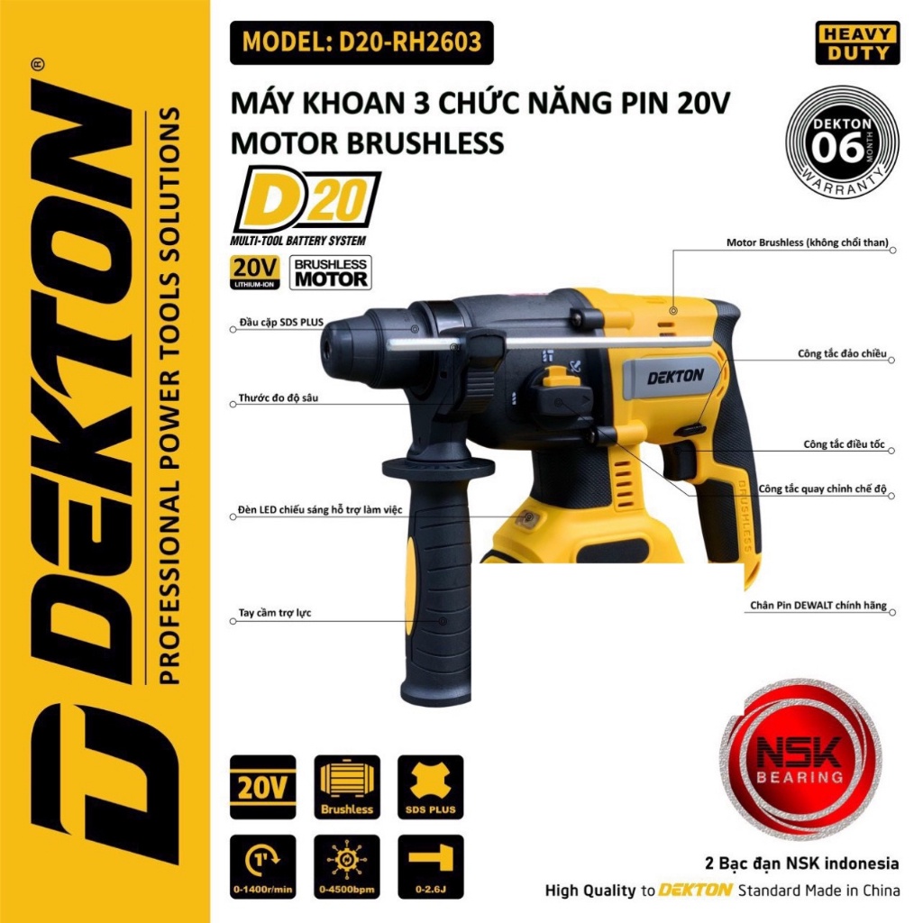 Máy Khoan Bê Tông 3 Chức Dùng Pin Dekton D20-RH2603  Motor Brushless . Chân Pin DEWALT /Tặng Sạc giá tốt