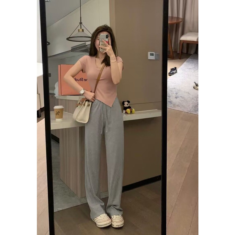 Áo Thun Cotton Tay Ngắn Cổ Chữ U Lệch Tà Thời Trang Mùa Hè Cho Nữ
