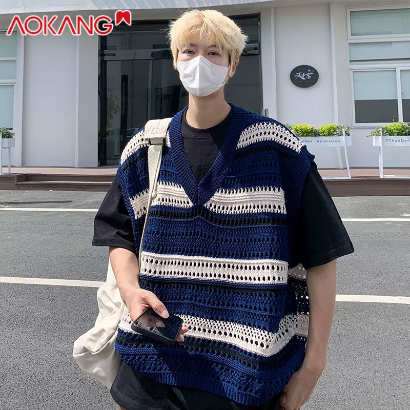 Aokang Áo sweater Không Tay Cổ Chữ V Dáng Rộng Thời Trang Mùa Hè Harajuku Nhật Bản Phổ Biến Cho Nam