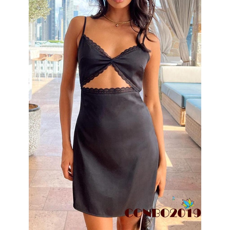 Đầm Hai Dây Cổ Chữ V Hở Lưng Phối Ren Gợi Cảm Cho Nữ