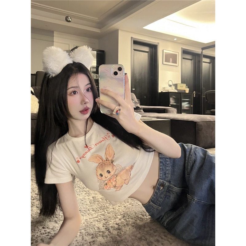 Áo Baby Tee Thun Croptop Nữ Ngắn Tay In Hình Thỏ Phong Cách Mới