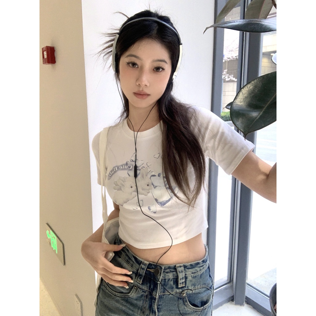 Áo Baby Tee Thun Croptop Nữ Tay Ngắn Dáng Ôm In Hình Thỏ Phong Cách Desire Thời Trang Mùa Hè Mới Cho Nữ