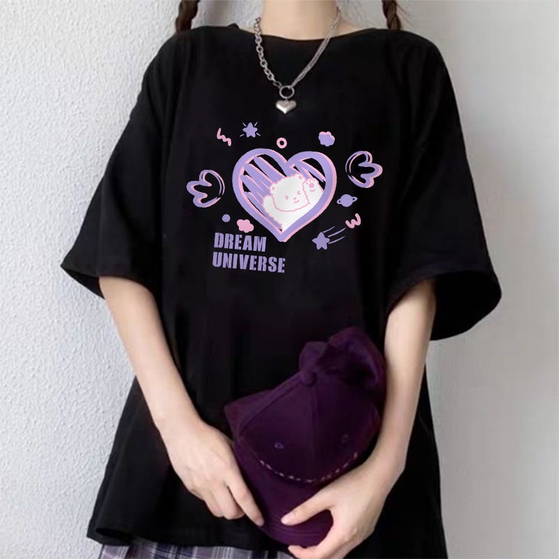 Áo Thun Tay Ngắn Dáng Rộng Màu Đen In Hình Trái Tim Thời Trang Mùa Hè Xinh Xắn Cho Nữ