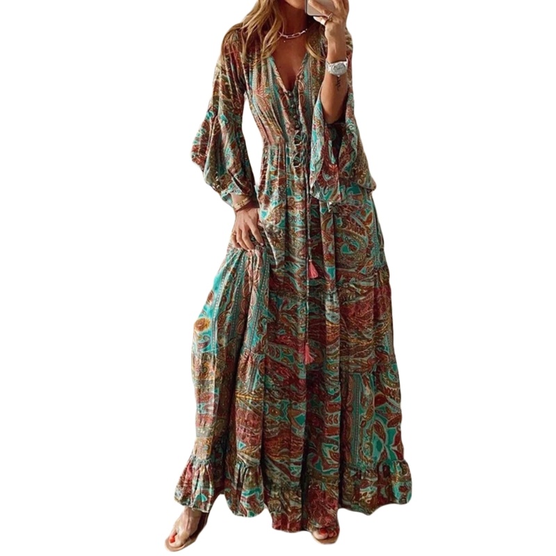 Đầm Dài Maxi Cổ Chữ V Tay Loe In Họa Tiết Hoa Thời Trang Mùa Hè Xinh Xắn Cho Nữ