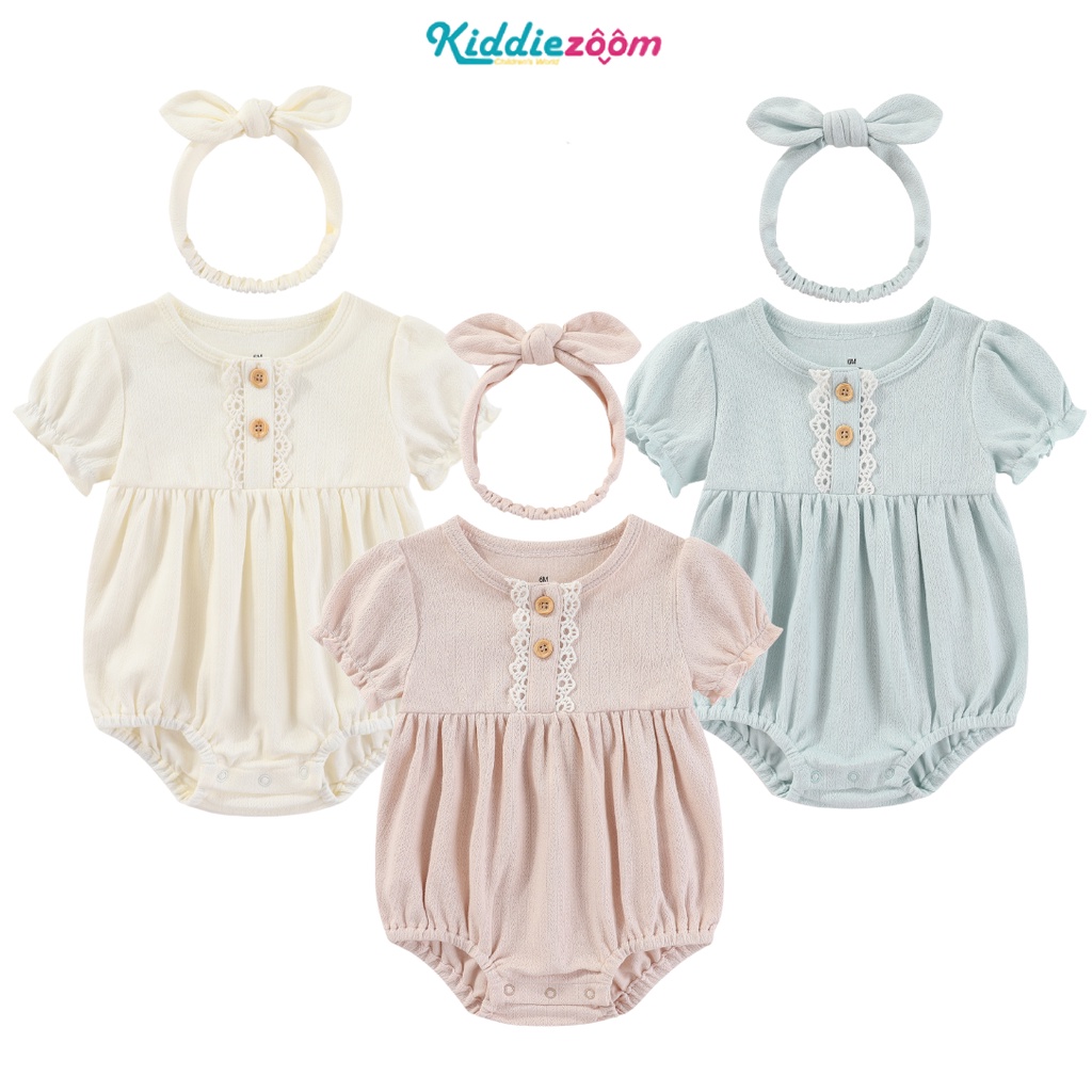 Bộ Áo Liền Quần Bằng cotton Nguyên Chất Tay Cộc Đính Nơ + Băng Đô Dễ Thương Thời Trang Cho Bé Gái