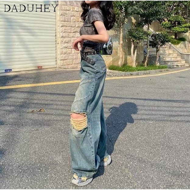 DaDuHey 2023 Summer Vibe Style Trendy Washed Jeans Men's and Women's American High Street Versatile Draping Ripped Casual Pants