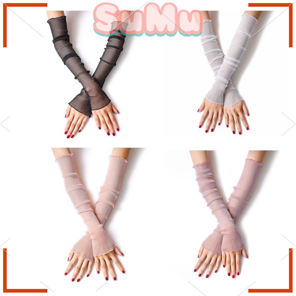 SUMU Set 4 Đôi Găng Tay Cotton / Dệt Kim Phối Ren Lưới Chống Nắng Màu Trắng / Đen / Hồng / Tím Dành Cho Mùa Hè
