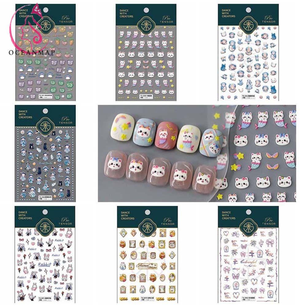 OCEANMAP Miếng Dán Trang Trí Móng Tay Họa Tiết Mèo / Thỏ Hoạt Hình Dễ Thương Cho Nữ