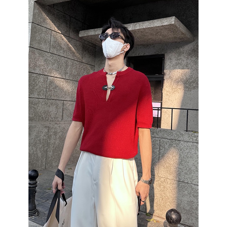 Áo Thun Tay Ngắn Cổ Chữ V Bằng Da Cao Cấp Phối Nút Độc Đáo Thời Trang Mùa Hè