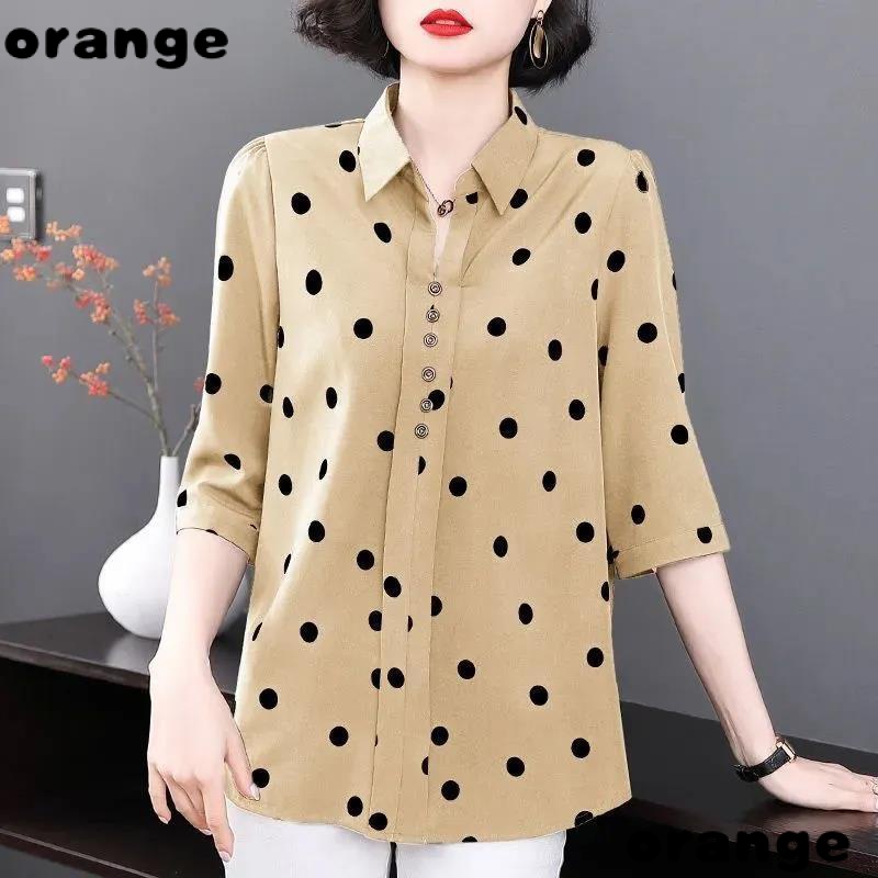 Áo Sơ Mi Tay Ngắn Họa Tiết Chấm Bi Phong Cách Thời Trang Mùa Hè Mới 2021 Cho Nữ Trung Niên