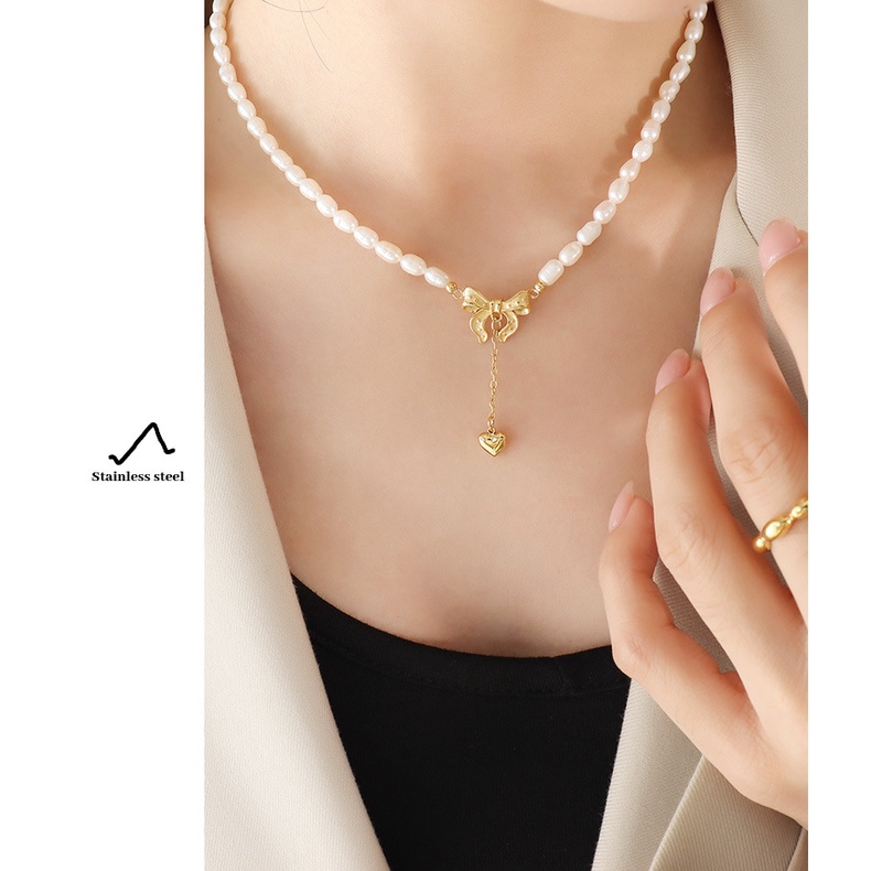 Vòng cổ Ngọc Trai Mặt Nơ Tua Rua Trái Tim Thời Trang Cao Cấp Phong Cách Pháp