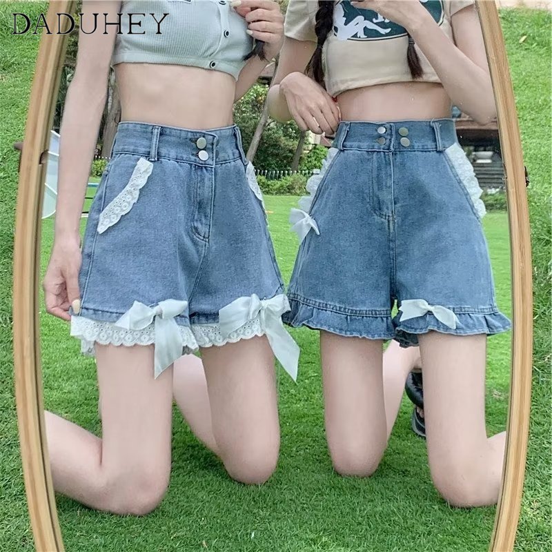 Quần short denim DADUHEY ống rộng cạp cao phối ren mỏng thời trang phong cách Hàn Quốc